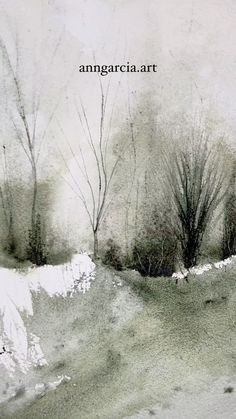 a painting of trees in the snow with an inscription on it that reads, anacarcia art