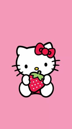 hello kitty holding a strawberry with hearts in the background