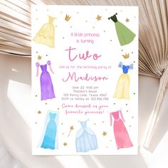 the princess is turning two birthday party card has dresses on it and stars in the background