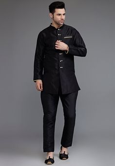 Art Dupion Silk Kurta in Black Color. This Ready-made Chinese Collar Neck and Full Sleeve attire is Enhanced with Buttons. Available with an Art Silk Pyjama in Black Color.   Do note: Footwear shown in the image is for presentation purposes only. Half to one inch may vary in measurement. (Slight variation in actual color vs. image is possible) We Sell all kinds of Menswear. Mens Kurta | Mens Kurta Pyjama | Traditional Menswear | Partywear | Menswear | Indian Mens Dresses | Diwali Kurta | Kurta P Fitted Black Kurta For Party, Festive Black Long Sleeve Nehru Jacket, Black Long Sleeve Festive Sets, Festive Black Long Sleeve Sets, Black Long Sleeve Kurta For Formal Occasions, Formal Long Sleeve Black Kurta, Black Long Sleeve Nehru Jacket For Party, Fitted Black Bandhgala With Long Sleeves, Fitted Black Festive Sets