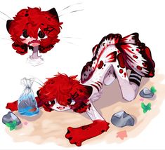 a red and white cat laying on the ground next to a glass bottle with liquid in it