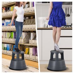 two images one showing a woman standing on top of a stool and the other with her feet up