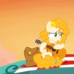 a little pony sitting on top of a surfboard with a guitar in her hand