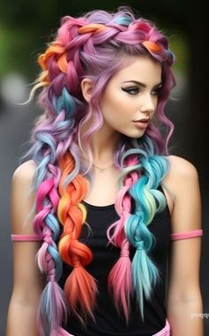 Pop Of Color Hair, Crazy Hairstyles, Dramatic Hair Colors, Exotic Hair Color, Exotic Hair, Unicorn Hair Color, Ombre Purple, Character Prompts, Dramatic Hair