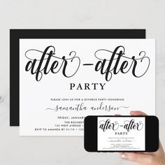 a hand holding up a smart phone next to a white and black wedding party card