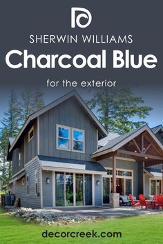 Charcoal Blue SW-2739 for the Exterior use by Sherwin-Williams Dark Blue Vinyl Siding, Blue Vinyl Siding, Sherwin Williams Color Schemes, White Exterior Paint Colors, Dark Blue Houses, Grey Exterior House Colors