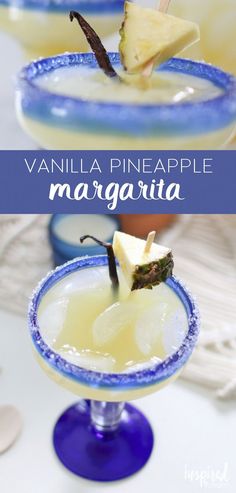 vanilla pineapple margarita in a blue glass garnished with an apple slice