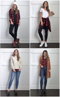 Plaid Shirts Outfit Winter, Red Black Check Shirt Outfit, Plaid Shirt Winter Outfit, Plaid Red Shirt Outfit, Red Buffalo Plaid Shirt Outfit Women, Checks Shirts Women Style, Shirt And Tshirt Outfit Women, Black Shirts Women Outfit, Winter Shirt Outfit Women