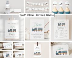 a collage of birthday cards and stationery items with train theme on the front