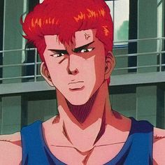 an anime character with red hair wearing a blue tank top