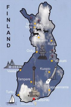 an illustrated map of finland with all the towns and major attractions on it's side