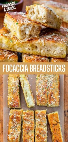 Two images. Top image is a side view of breadsticks stacked on top of each other, the top breadstick has been ripped in half showcasing the soft airy inside; bottom image is an overhead view of eight breadsticks topped with parmesan cheese and parsley. Easy Focaccia, Homemade Marinara Sauce, Focaccia Bread Recipe, Focaccia Bread, Homemade Marinara, Pizza Hut