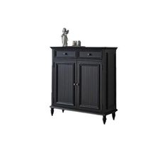 a black cabinet with two doors and one drawer on the bottom, sitting against a white background