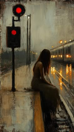 a painting of a woman sitting on the side of a train track next to a red traffic light