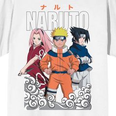 Dress in shinobi style with this Naruto Classic tee. The shirt features an image of Sakura, Naruto, and Sasuke standing on a white cloud while white letters above spell out the series logo. Orange kanji letters appear above the image. The tee comes in a white short sleeve crew neck. Fans of the classic Naruto anime series will love this comfy cotton tee. White Anime T-shirt With Sublimation Print, White Anime Print T-shirt For Fans, White Character Print T-shirt For Fans, White Fandom Short Sleeve Tops, White Short Sleeve Fandom T-shirt, White Short Sleeve Fandom Tops, White Anime Crew Neck T-shirt, White Anime Style T-shirt With Sublimation Print, White Anime Style Top With Sublimation Print