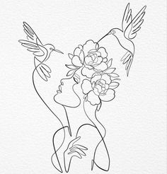 a line drawing of a woman with flowers in her hair and hummings on her shoulder