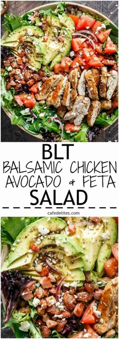 two pictures of salads with chicken and avocado