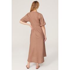 Pink linen blend (55% Linen, 45% Viscose). A-line. Short sleeves. V-neck. Back zipper closure. 51.5" from shoulder to hemline. Imported. Linen A-line Maxi Dress For Brunch, A-line Linen Maxi Dress For Brunch, Chic Linen Midi-length V-neck Dress, Chic Linen Midi V-neck Dress, Beige Linen V-neck Dress, Linen V-neck Midi Dress For Brunch, Fitted Linen V-neck Dress For Daywear, Fitted Linen V-neck Maxi Dress, Fitted Linen V-neck Midi Dress