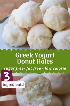 3 Ingredient donut holes that are both sugar free, fat free and only 27 calories! No Bake Single Serve Desserts, Low Calorie No Bake Desserts, Sugar Free Easter Treats, Yogurt Donut Holes, Yogurt Keto Recipes, Healthy Donut Holes, Fat Free Cake, Low Fat High Protein Recipes, Xyngular Recipes