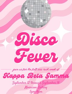 a pink disco fever party flyer with a disco ball and stars on the back ground