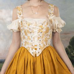 Yellow and White Floral Renaissance Corset – French Meadows Golden Corset Top, Yellow Fantasy Outfit, Regency Stays, French Meadows, Corset Fabric, Crocheted Daisy, Korsett Top, Yellow Corset, Brown Corset