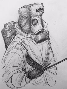 a drawing of a man with a gas mask