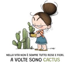 a girl holding a potted cactus in front of a sign that says,'la volte sono cactus '