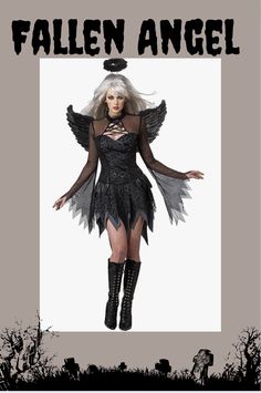 a woman dressed in black and white is standing with her hands on her hips while wearing an angel costume