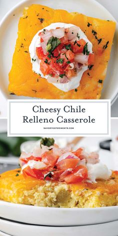 cheesy chile relleno casserole with tomatoes and herbs on top