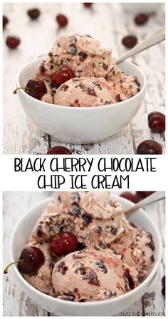 black cherry chocolate chip ice cream in a white bowl with cherries on the side