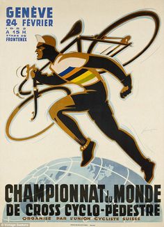 a poster with a man holding a tennis racquet in his right hand and the words champion d'monde de crosscyclo pelestre on it