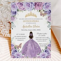 a princess themed birthday party with purple roses and butterflies on it, including the name quinceenara