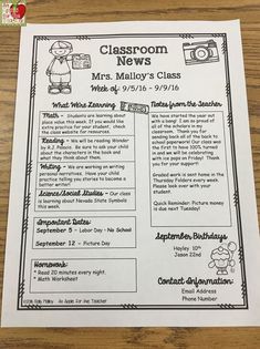 a classroom news paper with an image of a camera and the words mrs mally's class on it