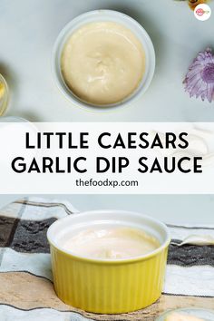 a bowl filled with garlic dip sauce on top of a table next to other ingredients