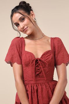 You'll make your way into everyone's hearts when you're wearing the Lulus Inclined to Charm Rust Red Embroidered Tiered Lace-Up Mini Dress! Lightweight woven fabric, with an embroidered floral design throughout, shapes short sleeves (with scalloped cuffs) that frame a sweetheart neckline and a flatteringly seamed, bustier-style bodice with a lace-up detail at the front. Banded waist tops a tiered skirt that ends at a matching scalloped mini hem. Hidden zipper/clasp at back. Fit: This garment fit Dresses Cottagecore, Tiered Mini Dress, Dress Medium, Tiered Skirt, Women's Summer Fashion, Sweetheart Neckline, Hidden Zipper, Summer Women, Woven Fabric