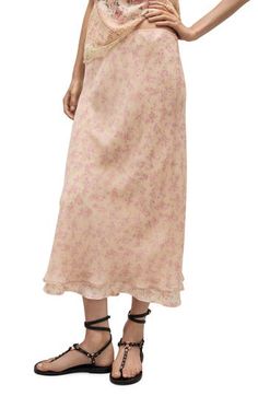 A gauzy floral-print overlay adds a layer of charm to this dreamy maxi skirt topped with a dainty bow at the waist. Pull-on style Lined 100% polyester Machine wash, line dry Imported Feminine Flowy Maxi Skirt With Floral Print, Flowy Feminine Maxi Skirt With Floral Print, Chiffon Tiered Maxi Skirt With Floral Print, Elegant Floral Print Flowy Maxi Skirt, Floral Chiffon Tiered Maxi Skirt, Feminine Floral Print Flared Maxi Skirt, Feminine Long Skirt With Floral Print, Feminine Maxi Skirt For Spring, Flowy Midi Dress With Feminine Style