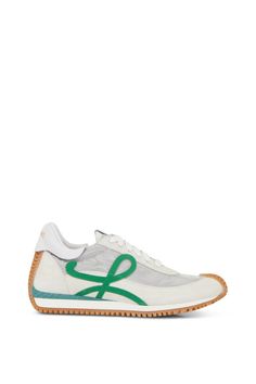 Loewe - Flow Runner Silver, White & Green Sneaker Designer Sneakers With Rubber Sole For Spring, Spring Nylon Sneakers With Contrast Sole, Designer Sneakers With Contrast Sole For Spring, Nylon Sneakers With Logo For Streetwear, Streetwear Nylon Sneakers With Logo, Sports Sneakers With Logo, Logo Sneakers For Sports, Nylon Sneakers With Medium Fit And Round Toe, Sneaker Shop