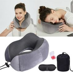 the neck pillow with heating pad is shown in three different pictures, including one woman laying on