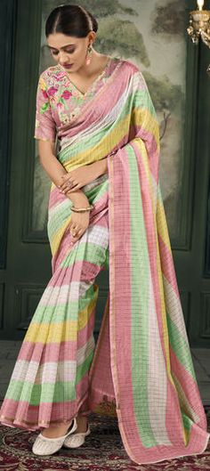 Multicolor color Saree in Linen fabric with Printed work Printed Blouse Saree, Anarkali Suits Designer, Party Wear Traditional, Salwar Suits Party Wear, Strip Blouse, Plus Size Gowns, Trendy Sarees, Traditional Sarees, Floral Print Blouses