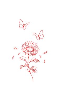 a drawing of a sunflower and two butterflies flying over the flower, with red ink on white paper