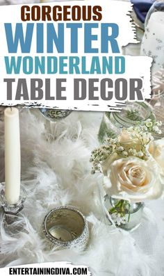 Winter Wonderland Table Decor Snowflake Table Settings, Winter Tea Party Decorations, Winter Tablescapes Ideas, Winter Bridal Shower Centerpieces, Blue And White Winter Decor, White Winter Tablescapes, Snowflake Table Decorations, White Christmas Tablescapes, Winter Centerpieces For Table