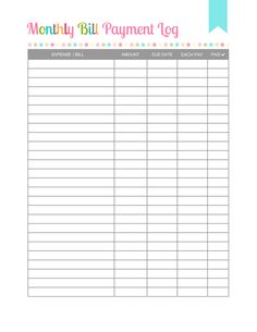 a printable bill payment log with polka dots on the border and an arrow above it