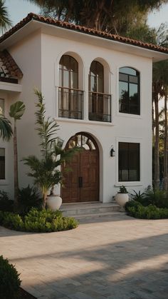 a large white house with lots of windows and palm trees in front of the building