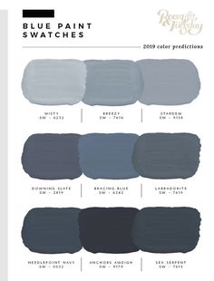 blue paint swatches with the names and colors for each one in white, black, gray