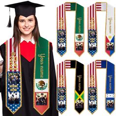 a woman wearing a graduation cap and gown with two different colored sashes on her shoulders