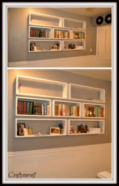 two white shelves with books on them in a room next to a wall mounted book shelf