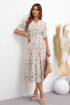 Women Dress Best Short Sleeve Printed Dress – Cloth Arlo V-neck Midi Dress With Ditsy Floral Print For Summer, Elegant V-neck Midi Dress With Ditsy Floral Print, V-neck Floral Dress With Ditsy Print, Summer V-neck Dress With Ditsy Floral Print, Summer A-line Midi Dress With Floral Print, Flowy A-line Lined Midi Dress, Bohemian A-line Midi Dress For Garden Party, Floral Print A-line Midi Dress For Vacation, White Midi V-neck Dress For Spring