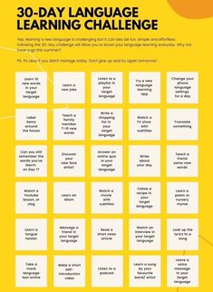 the 30 - day language learning challenge is shown in yellow and white with an orange background