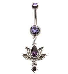 Lotus Flower Purple Gem Belly Ring Unique Belly Rings, Belly Piercings, Industrial Piercing Jewelry, Belly Button Piercing Jewelry, Belly Piercing Jewelry, Button Piercing, Gold Body Jewellery, Grunge Jewelry, Stone Plugs