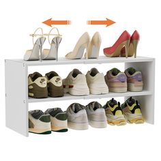 several pairs of women's shoes are lined up on a white shelving unit